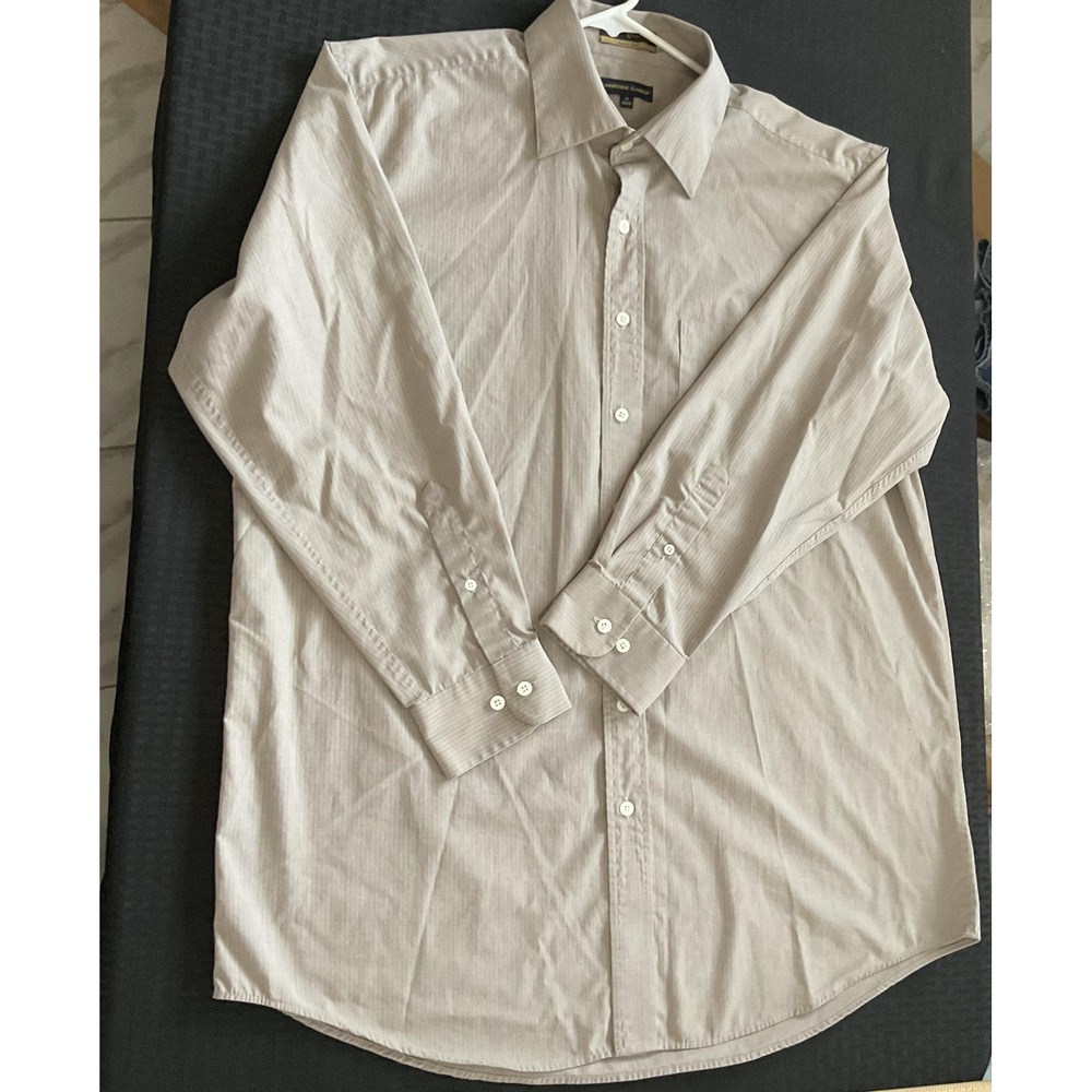 Cambridge Classics Shirt Mens 17 32/33 Beige Pinstripe Button Down Easy Care